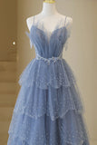 Blue Tulle Layers Straps Beaded Long Prom Dress, Blue A-Line Evening Dress HZ1024