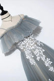Gray Tulle Lace Long Prom Dress, A-Line Evening Dress HZ1024