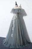 Gray Tulle Lace Long Prom Dress, A-Line Evening Dress HZ1024
