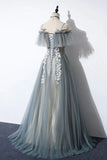 Gray Tulle Lace Long Prom Dress, A-Line Evening Dress HZ1024