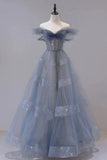 A-Line Off Shoulder Layers Tulle Long Evening Dress, Blue Formal Dress HZ1024