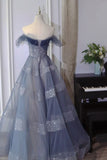 A-Line Off Shoulder Layers Tulle Long Evening Dress, Blue Formal Dress HZ1024