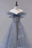 A-Line Off Shoulder Layers Tulle Long Evening Dress, Blue Formal Dress HZ1024