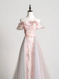 Lovely Tulle Applique Long Prom Dress, A-Line Evening Dress with Detachable Skirt HZ1024