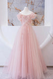 Pink Tulle Beaded Long Prom Dress, A-Line Evening Party Dress HZ1024