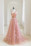 Pink Tulle Applique Long Evening Dress, A-Line Junior Prom Dress HZ1024