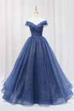 Blue Off the Shoulder Long Party Dress Evening Gown, Blue Junior Prom Dress HZ1024