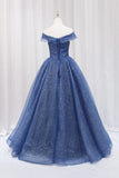 Blue Off the Shoulder Long Party Dress Evening Gown, Blue Junior Prom Dress HZ1024