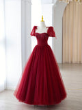 Burgundy Tulle Beaded Long Prom Dress, A-Line Formal Evening Dress HZ1024