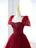 Burgundy Tulle Beaded Long Prom Dress, A-Line Formal Evening Dress HZ1024