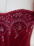 Burgundy Tulle Beaded Long Prom Dress, A-Line Formal Evening Dress HZ1024