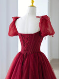 Burgundy Tulle Beaded Long Prom Dress, A-Line Formal Evening Dress HZ1024