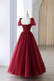 Burgundy Tulle Beaded Long Prom Dress, A-Line Formal Evening Dress HZ1024