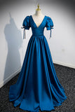 Blue V-Neck Satin Long Prom Dress, Simple A-Line Evening Dress HZ1024