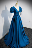 Blue V-Neck Satin Long Prom Dress, Simple A-Line Evening Dress HZ1024