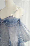 Blue Spaghetti Strap Tulle Long Prom Dress, A-Line Formal Dress HZ1024