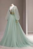Green V-Neck Tulle Long Prom Dress, Long Sleeve Evening Dress HZ1024