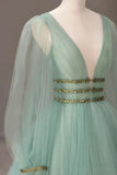Green V-Neck Tulle Long Prom Dress, Long Sleeve Evening Dress HZ1024