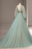 Green V-Neck Tulle Long Prom Dress, Long Sleeve Evening Dress HZ1024
