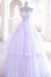 Purple Strapless Tulle Long Formal Gown, Purple A-Line Evening Dress HZ1024