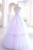 Purple Strapless Tulle Long Formal Gown, Purple A-Line Evening Dress HZ1024