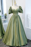 Green Satin A-Line Long Formal Dress, Green Junior Prom Dress HZ1024