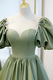 Green Satin A-Line Long Formal Dress, Green Junior Prom Dress HZ1024