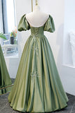 Green Satin A-Line Long Formal Dress, Green Junior Prom Dress HZ1024