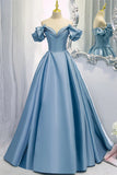 Blue V-Neck Satin Long Prom Dress, Off the Shoulder Evening Dress HZ1024