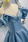 Blue V-Neck Satin Long Prom Dress, Off the Shoulder Evening Dress HZ1024