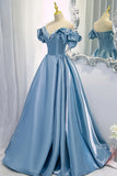 Blue V-Neck Satin Long Prom Dress, Off the Shoulder Evening Dress HZ1024