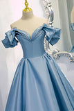 Blue V-Neck Satin Long Prom Dress, Off the Shoulder Evening Dress HZ1024
