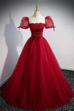 Red Beaded Tulle A-Line Long Formal Dress, Red Prom Dress HZ1024