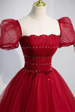 Red Beaded Tulle A-Line Long Formal Dress, Red Prom Dress HZ1024