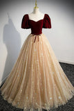 Cute Velvet Tulle Long Prom Dress, A-Line Evening Dress HZ1024