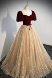 Cute Velvet Tulle Long Prom Dress, A-Line Evening Dress HZ1024