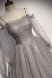 Gray Tulle Sequins Long Prom Dress, Long Sleeve Evening Dress HZ1024