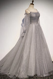 Gray Tulle Sequins Long Prom Dress, Long Sleeve Evening Dress HZ1024