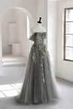 Gray Tulle Lace Long Prom Dress, A-Line Off the Shoulder Evening Dress HZ1024