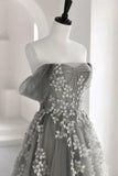Gray Tulle Lace Long Prom Dress, A-Line Off the Shoulder Evening Dress HZ1024