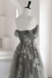 Gray Tulle Lace Long Prom Dress, A-Line Off the Shoulder Evening Dress HZ1024