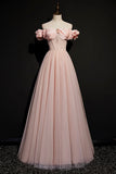 Pink Tulle Off the Shoulder Prom Dress, Beautiful A-Line Evening Dress HZ1024