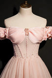 Pink Tulle Off the Shoulder Prom Dress, Beautiful A-Line Evening Dress HZ1024