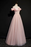 Pink Tulle Off the Shoulder Prom Dress, Beautiful A-Line Evening Dress HZ1024