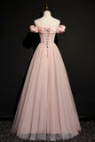 Pink Tulle Off the Shoulder Prom Dress, Beautiful A-Line Evening Dress HZ1024