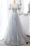 Gray Tulle Lace Long Party Dress, A-Line Evening Dress HZ1024