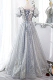 Gray Tulle Lace Long Party Dress, A-Line Evening Dress HZ1024