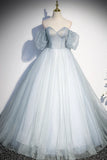 Blue Tulle Long A-Line Prom Dress, Blue Off the Shoulder Evening Dress HZ1024