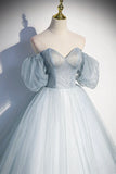 Blue Tulle Long A-Line Prom Dress, Blue Off the Shoulder Evening Dress HZ1024