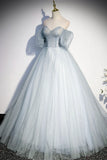 Blue Tulle Long A-Line Prom Dress, Blue Off the Shoulder Evening Dress HZ1024